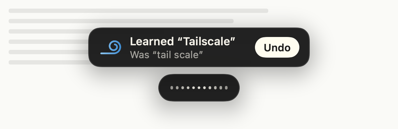 A note above the pill: Learned “Tailscale”, was “tail scale”, with an Undo button.