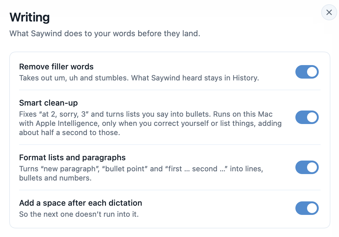Settings, Writing: switches for removing filler words, Smart clean-up, formatting lists and paragraphs, and adding a space after each dictation.